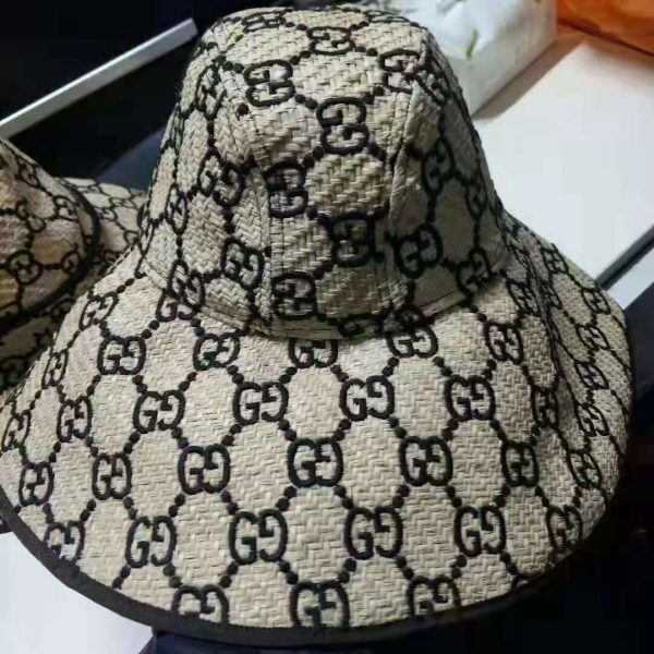 Gucci Unisex GG Raffia Wide Brim Hat in Mustard and Dark Brown Raffia (1)