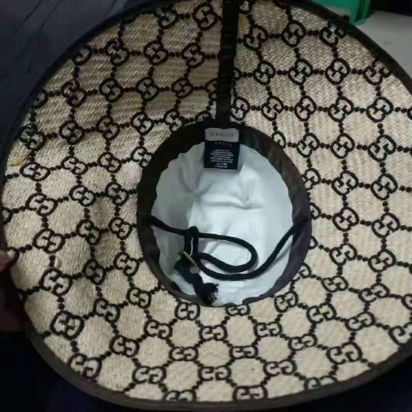 Gucci Unisex GG Raffia Wide Brim Hat in Mustard and Dark Brown Raffia (2)