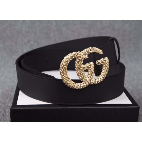 Gucci Unisex Gucci Belt with Textured Double G Buckle in Black Leather (3)