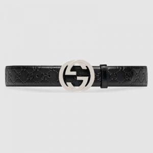Gucci Unisex Gucci Signature Leather Belt with Interlocking G Buckle-Black