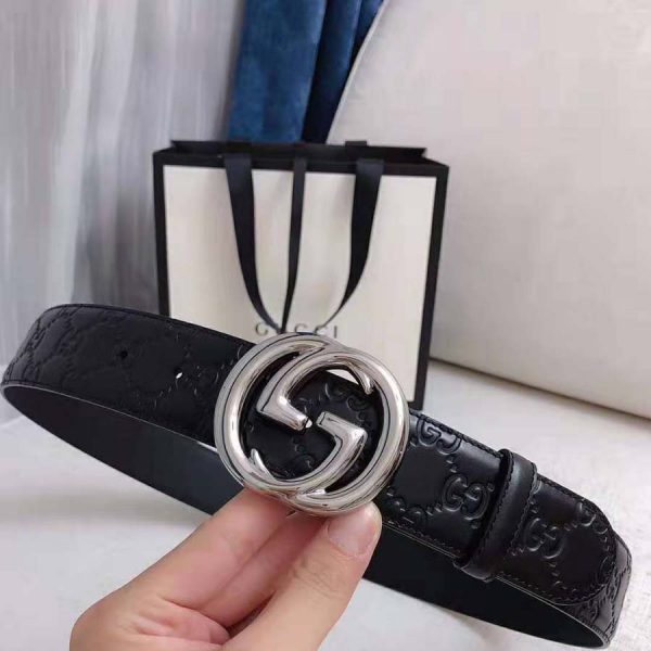 Gucci Unisex Gucci Signature Leather Belt with Interlocking G Buckle-Black (12)