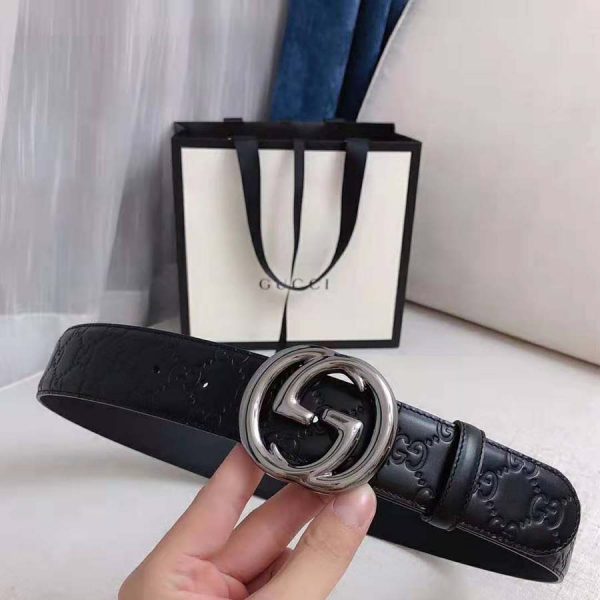 Gucci Unisex Gucci Signature Leather Belt with Interlocking G Buckle-Black (6)