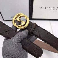 Gucci Unisex Gucci Signature Leather Belt with Interlocking G Buckle-Brown (1)