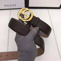 Gucci Unisex Gucci Signature Leather Belt with Interlocking G Buckle-Brown (1)