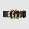 Gucci Unisex Leather Belt with Crystal Double G Buckle-Black