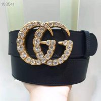 Gucci Unisex Leather Belt with Crystal Double G Buckle-Black (1)