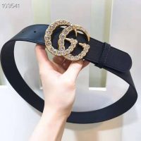 Gucci Unisex Leather Belt with Crystal Double G Buckle-Black (1)