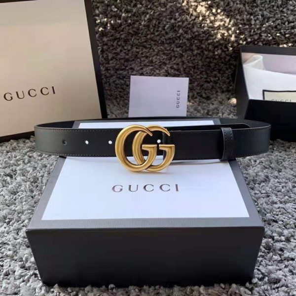 Gucci Unisex Leather Belt with Double G Buckle in 2.5cm Width-Black (2)