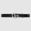 Gucci Unisex Leather Belt with Double G Buckle in 2.5cm Width-Black and Silver