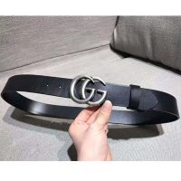 Gucci Unisex Leather Belt with Double G Buckle in 2.5cm Width-Black and Silver (1)