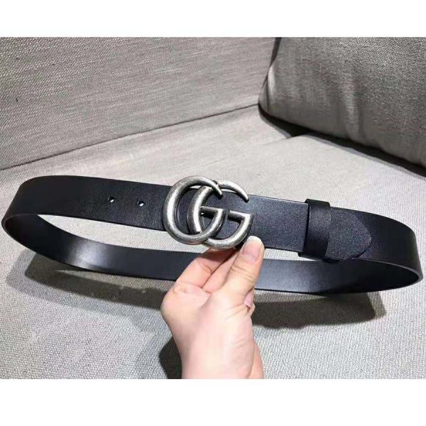 Gucci Unisex Leather Belt with Double G Buckle in 2.5cm Width-Black and Silver (7)