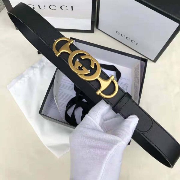 Gucci Unisex Leather Belt with Interlocking G Horsebit-Black (5)