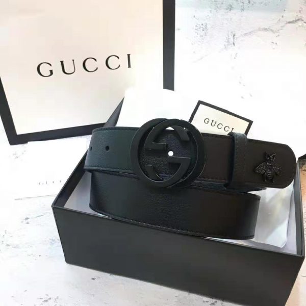 Gucci Unisex Leather Belt with Interlocking G in Black Leather (2)