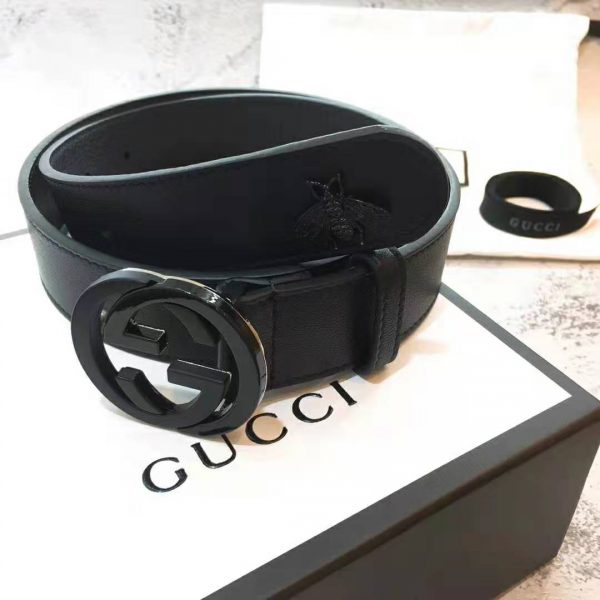 Gucci Unisex Leather Belt with Interlocking G in Black Leather (4)