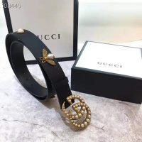 Gucci Unisex Leather Belt with Pearl Double G-Black (1)