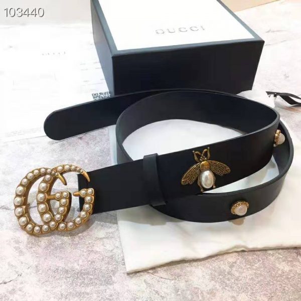 Gucci Unisex Leather Belt with Pearl Double G-Black (4)