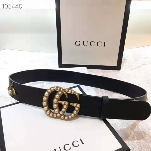 Gucci Unisex Leather Belt with Pearl Double G-Black (5)