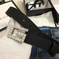 Gucci Unisex Leather Belt with Square G Buckle in 3.8cm Width-Black (1)