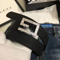 Gucci Unisex Leather Belt with Square G Buckle in 3.8cm Width-Black (1)