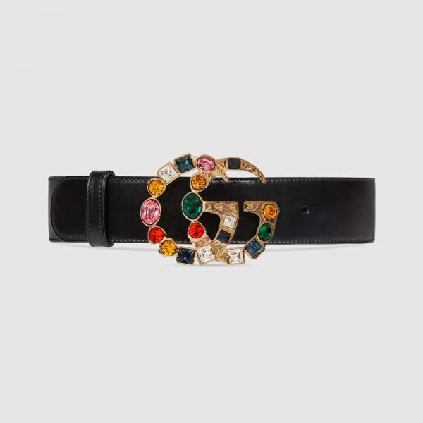 Gucci Women Leather Belt with Crystal Double G Buckle in Black (1)