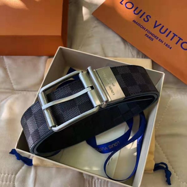 Louis Vuitton LV Unisex Damier Print 40mm Reversible Belt in Damier Canvas-Blue (13)