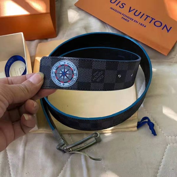 Louis Vuitton LV Unisex Damier Print 40mm Reversible Belt in Damier Canvas-Blue (7)