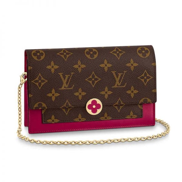 Louis Vuitton LV Women Flore Chain wallet in Monogram Coated Canvas and Calf Leather-Rose