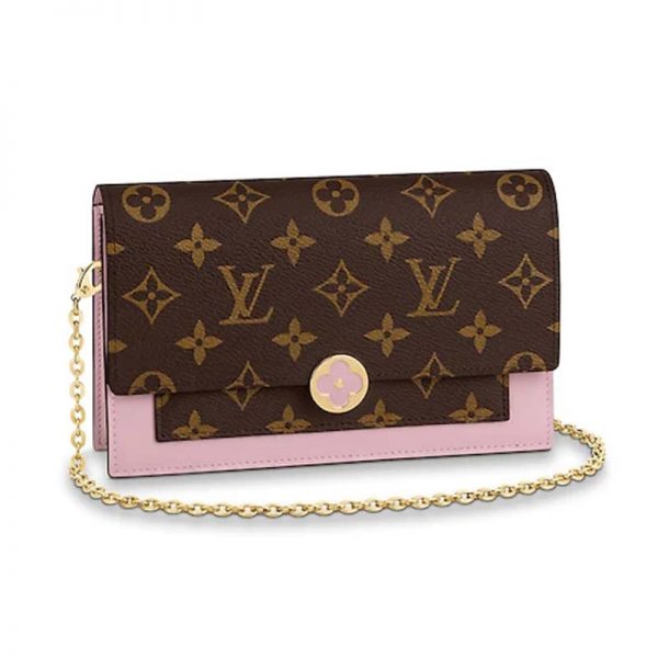 Louis Vuitton LV Women Flore Chain wallet in Monogram Coated Canvas and Calf Leather-Pink