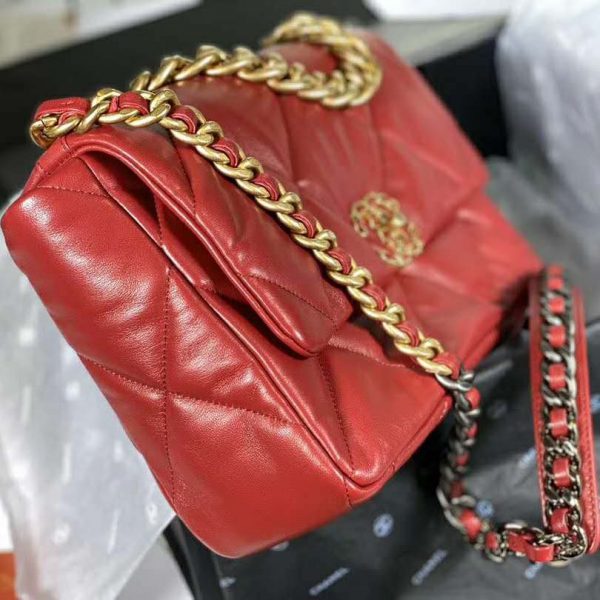 Chanel Women Chanel 19 Large Flap Bag Goatskin Leather-Red (10)
