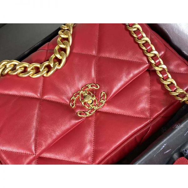 Chanel Women Chanel 19 Large Flap Bag Goatskin Leather-Red (12)