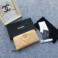 Chanel Women Chanel 19 Long Zipped Wallet Lambskin Leather-Beige