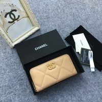 Chanel Women Chanel 19 Long Zipped Wallet Lambskin Leather-Beige