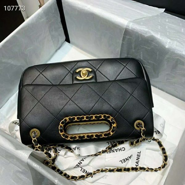 Chanel Women Flap Bag Lambskin Leather Gold-Tone Metal-Black (7)