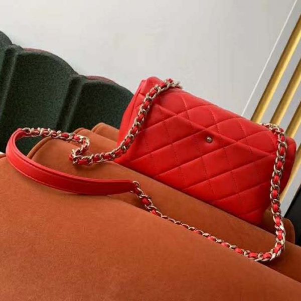 Chanel Women Flap Bag Lambskin Resin & Gold-Tone Metal-Red (7)