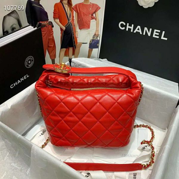 Chanel Women Hobo Bag in Lambskin Leather Gold Metal-Red (2)
