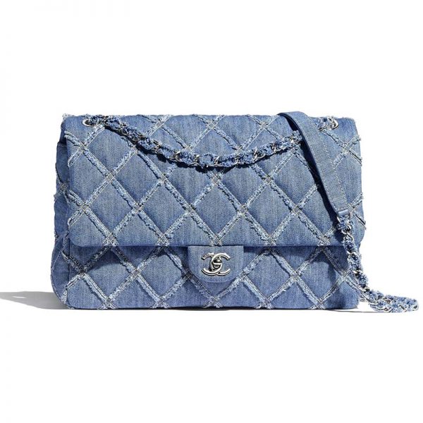 Chanel Women Large Flap Bag Denim & Silver-Tone Metal-Blue