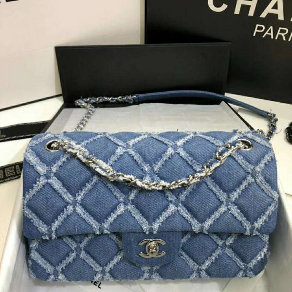Chanel Women Large Flap Bag Denim & Silver-Tone Metal-Blue (2)