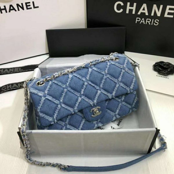 Chanel Women Large Flap Bag Denim & Silver-Tone Metal-Blue (3)