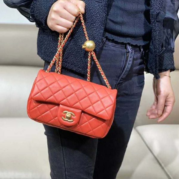Chanel Women Mini Flap Bag in Lambskin Leather-Orange (10)