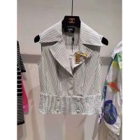 Chanel Women Blouse Cotton & Silk Voile White & Black