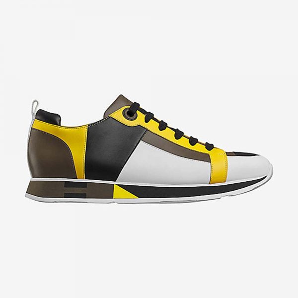 Hermes Men Rebus Sneaker Shoes Black Yellow and Khaki Insert