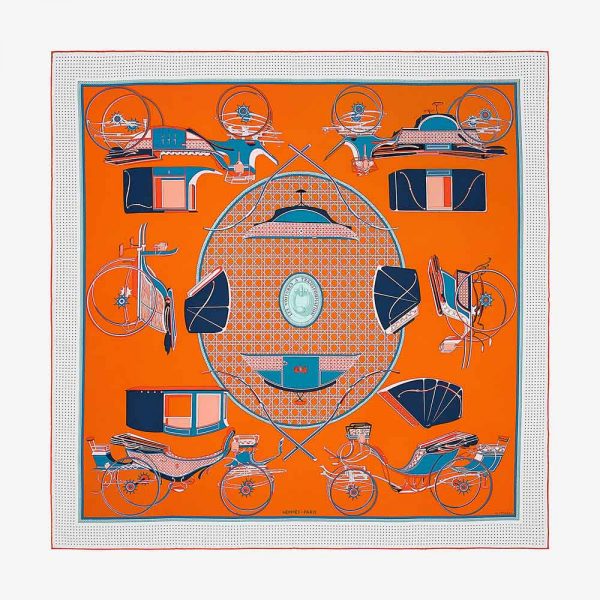 Hermes Women Les Voitures A Transformation Scarf 90-Orange