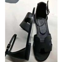 Hermes Women Santorini Sandal in Epsom Calfskin-Black