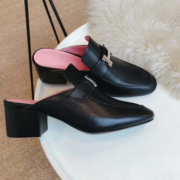 Hermes Women Shoes Paradis Mule 40mm Heel-Black (1)