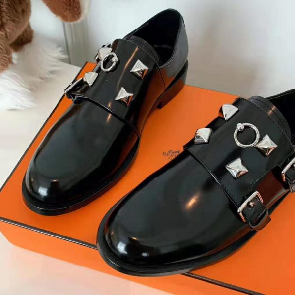 Hermes Women Stanford Derby Shoe Tuscan Calfskin Double Buckle-Black (8)