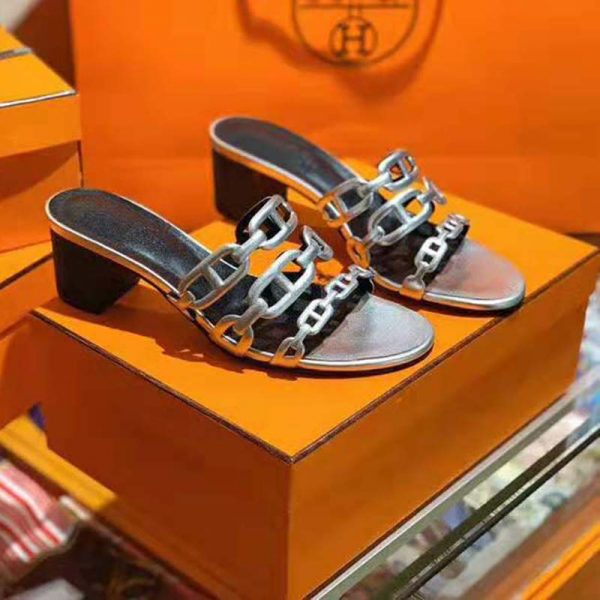 Hermes Women Tandem Sandal in Nappa Leather 5.1cm Heel-Silver (13)