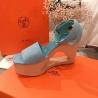 Hermes Women Tendresse Sandal Suede Goatskin Hollow Wooden Wedge 7.1cm-Aqua