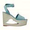 Hermes Women Tendresse Sandal Suede Goatskin Hollow Wooden Wedge 7.1cm-Aqua