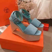 Hermes Women Tendresse Sandal Suede Goatskin Hollow Wooden Wedge 7.1cm-Aqua