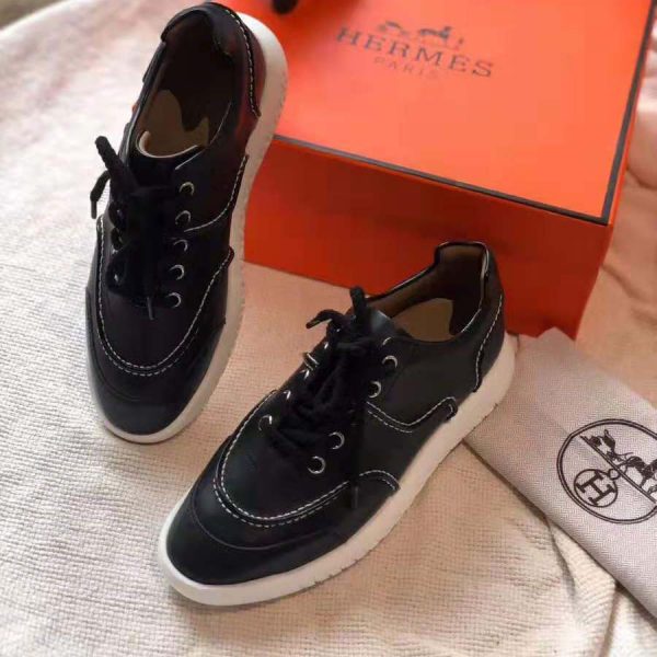 Hermes Women Turn Sneaker in Calfskin Saddle Stitch Detail-Black (5)